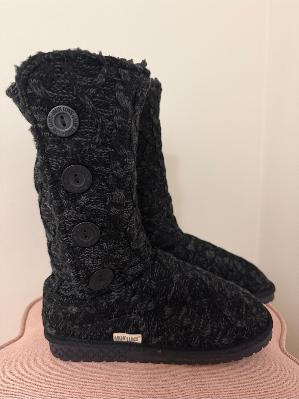 Muk Luks Black Knit Button Tall Slippers